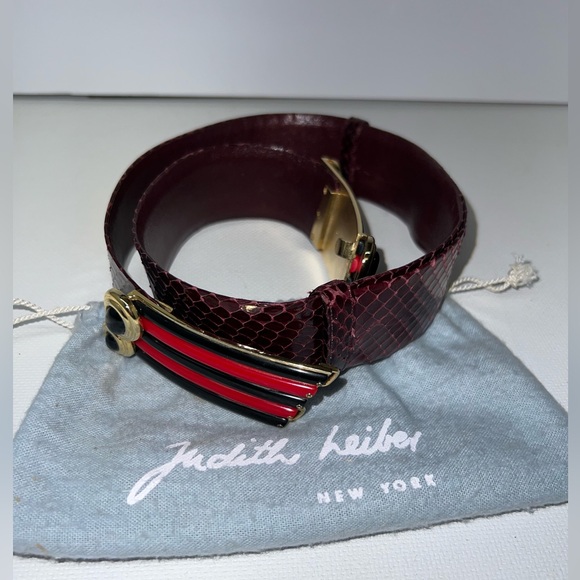 Judith Leiber Burgundy Snake/Leather Belt w/Gold Buckle and Black/Red accent - Picture 15 of 15